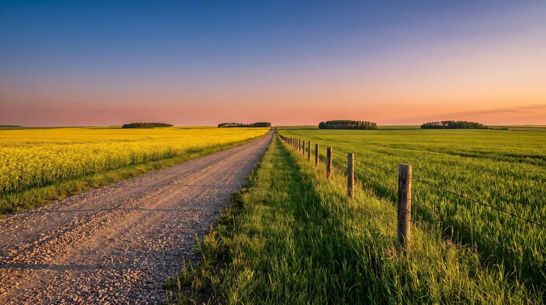 Gravel grid road between canola and wheat