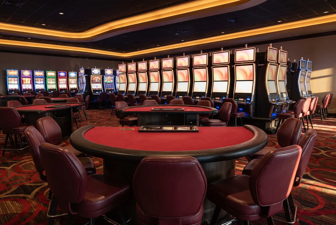 Red table and slot rows at Gold Horse Casino